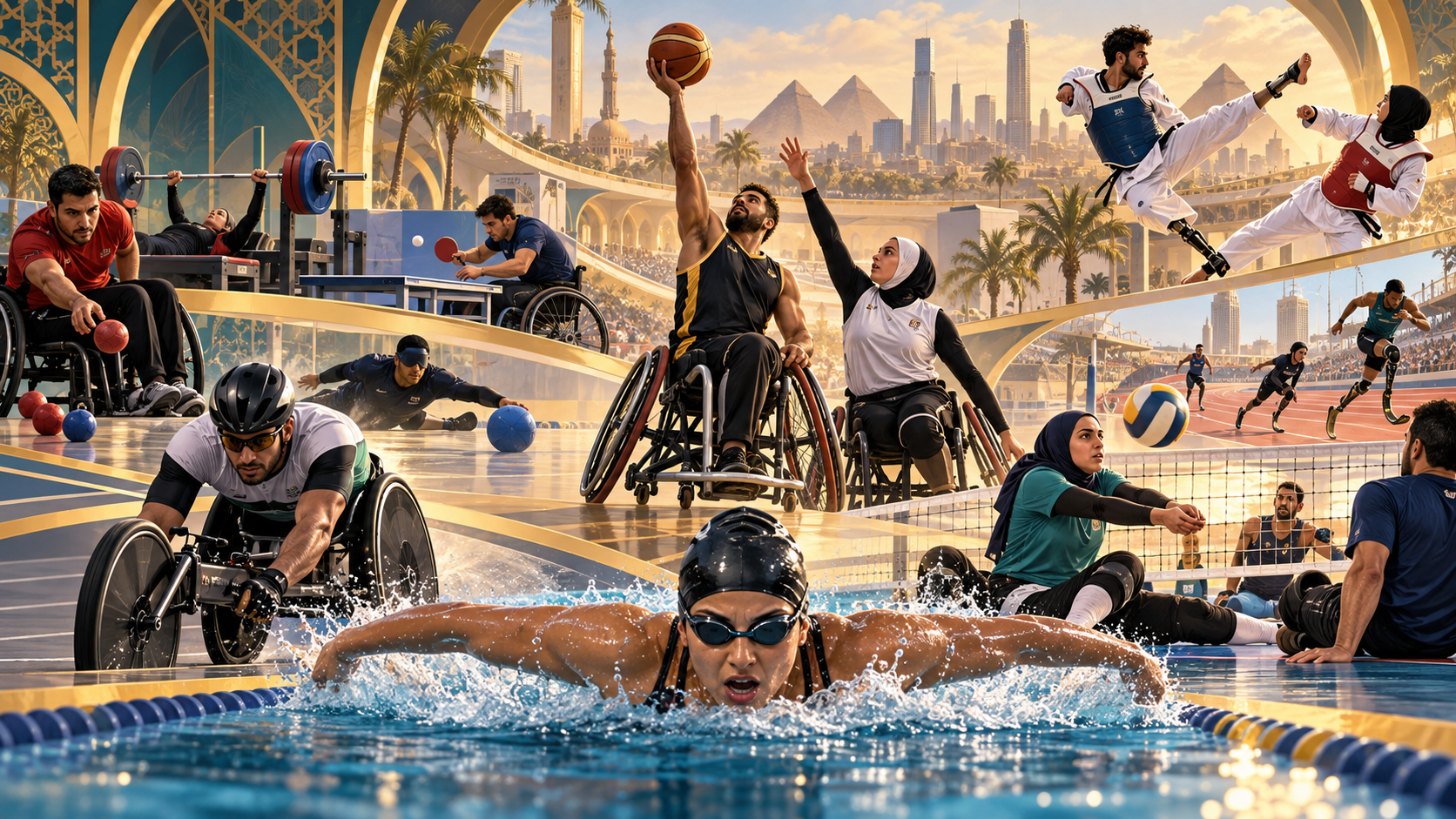 Editorial illustration representing multiple sports at the inaugural Arab Para Games; not documentary imagery